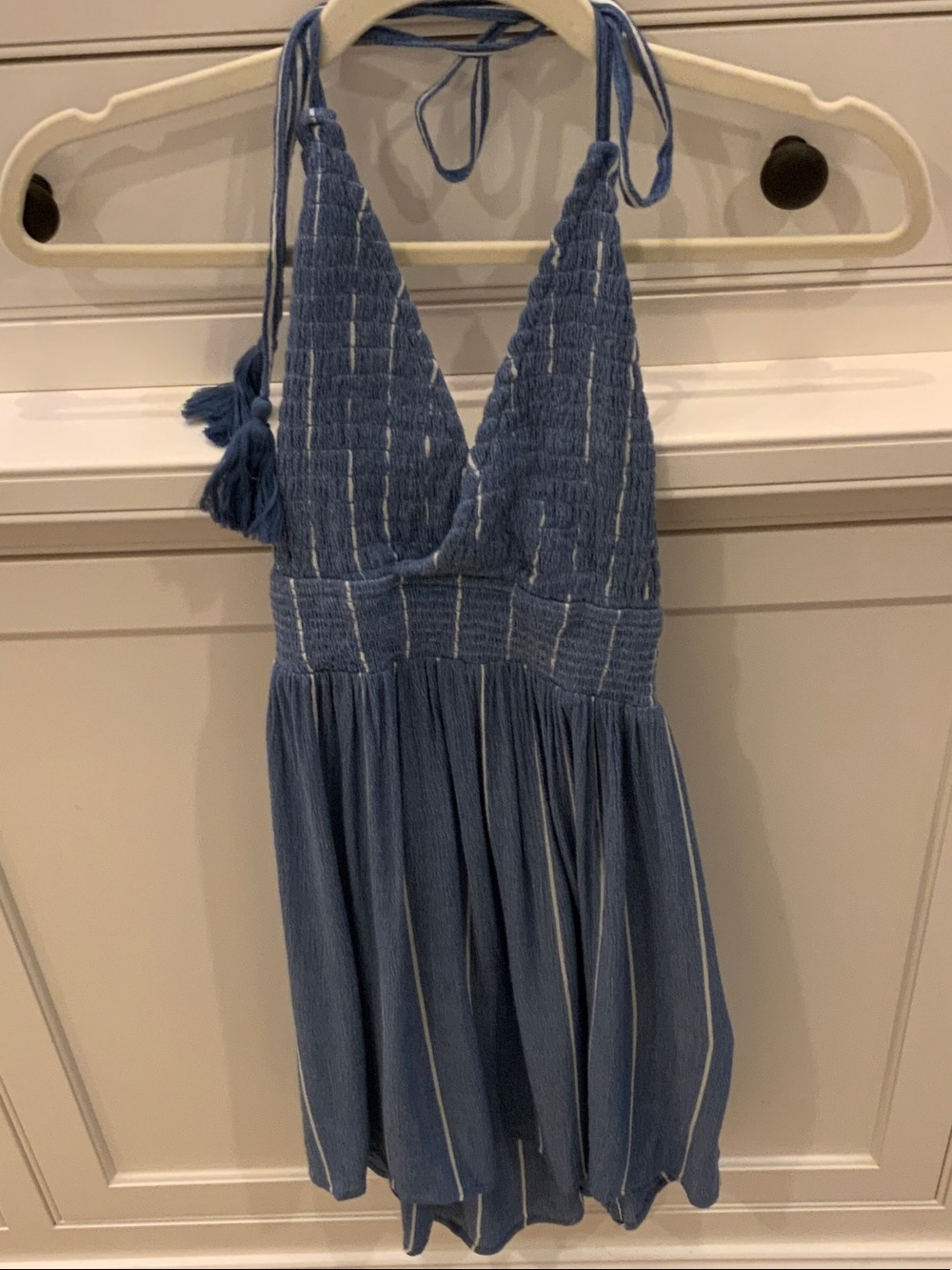 O'Neill Blue Smocked Halter Romper with Tassel Ties